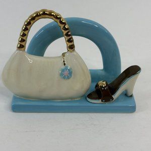 Russ Berrie One Step Up Business Card Holder Ceramic White Purse High Heel Shoe